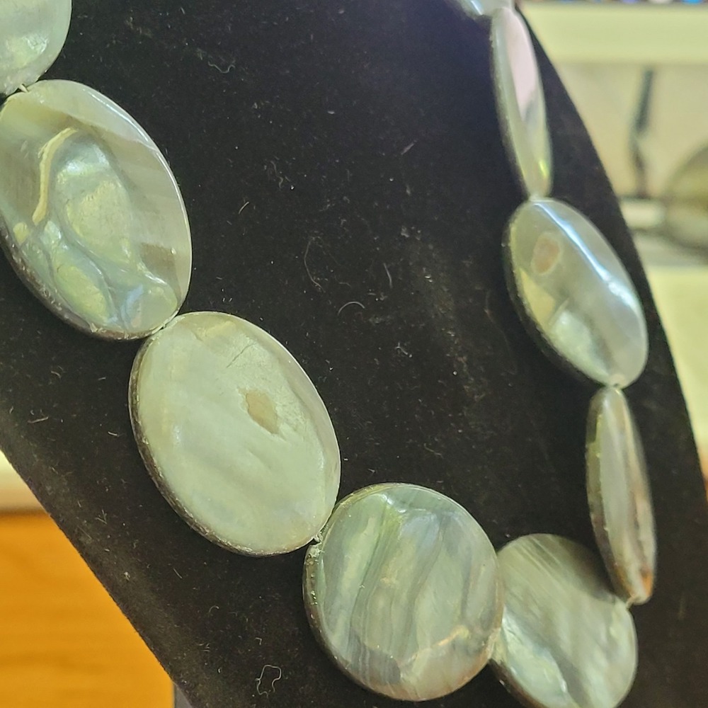 Vintage 925 Sterling Silver Mother of Pearl Disc Bib Necklace